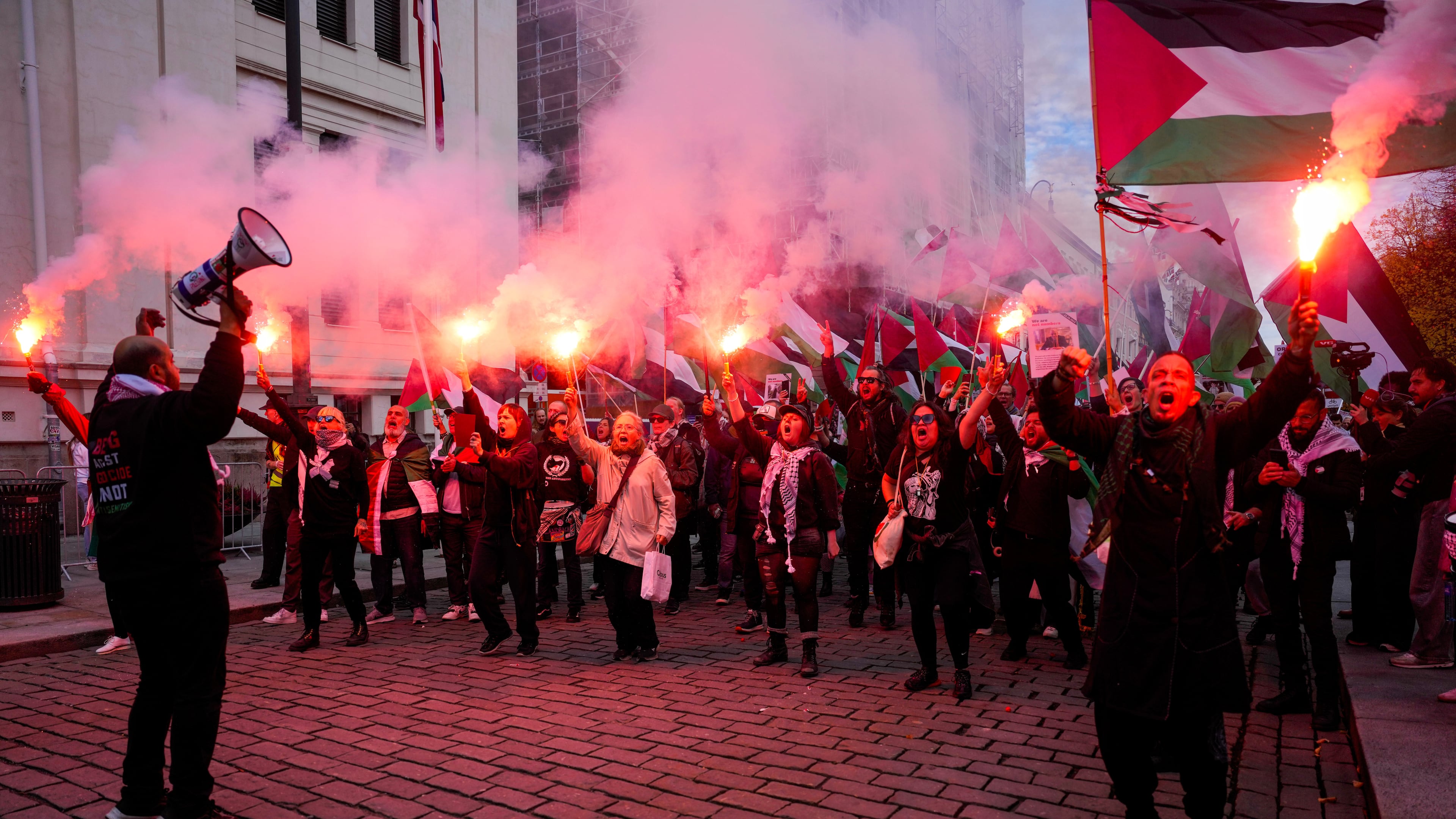 Pro-Palestinians protesters gather ahead of the World Cup qualifying soccer match between Norway and Israel in Oslo, Saturday, Oct. 11, 2025. (Javad Parsa/NTB Scanpix via AP)