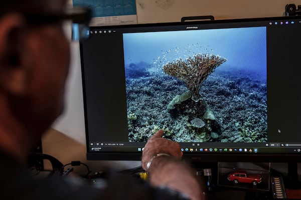 John Warmington points to a photo he took in 2017 of a coral formation at Havannah Harbour, off the coast of Efate Island, Vanuatu, that he once called the "Tree of Life," on Sunday, July 20, 2025. It was toppled by cyclones in 2023 and further damaged by an earthquake in 2024. (AP Photo/Annika Hammerschlag)