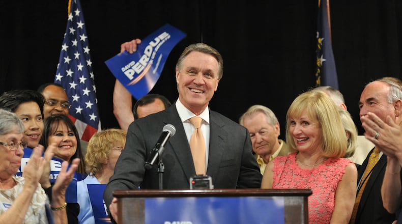 David Perdue speaks at his runoff victory party (AJC/Hyosub Shin)