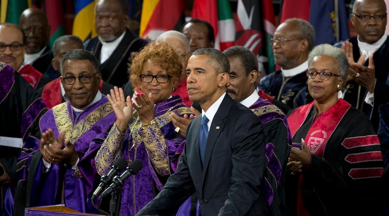 President Barack Obama delivers a eulogy for the late Rev. Clementa Pinckney, at the TD Arena in Charleston, S.C., on Friday. Stephen Crowley/The New York Times