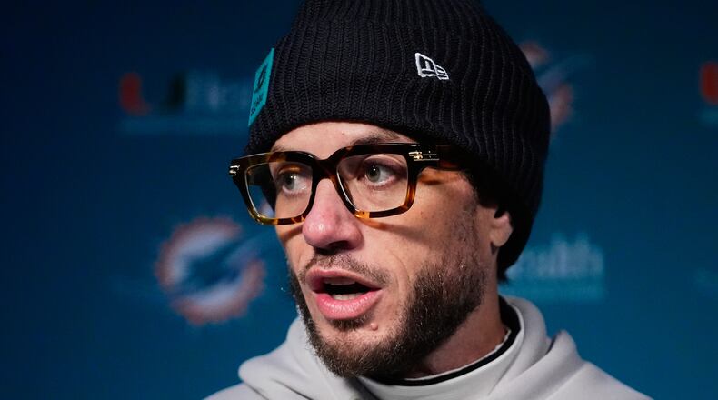 Miami Dolphins head coach Mike McDaniel speaks in a news conference after an NFL football game against the New England Patriots in Foxborough, Mass., Sunday, Jan. 4, 2026. (AP Photo/Robert F. Bukaty)