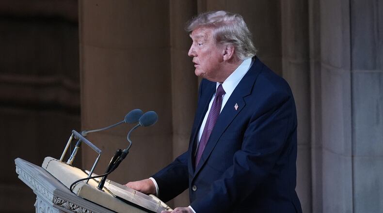 President Donald Trump speaks during the funeral of Sen. Lindsey Graham, R-S.C., Tuesday July 28, 2026, at the Washington National Cathedral in Washington. (AP Photo/Jacquelyn Martin)