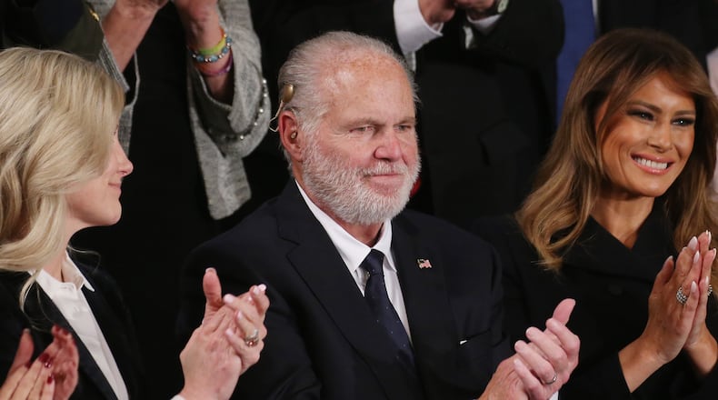 Radio personality Rush Limbaugh and wife Kathryn, left, attend the State of the Union address with first lady Melania Trump in the chamber of the U.S. House of Representatives on February 4, 2020 in Washington, D.C. (Mario Tama/Getty Images/TNS)