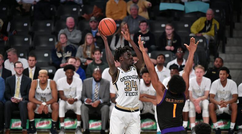 Georgia Tech forward Abdoulaye Gueye has averaged 7.0 points and 3.9 rebounds this season, scoring many of his points with his reliable jump hook, a shot he can take with either hand. (Danny Karnik/Georgia Tech Athletics
