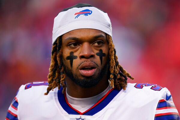 Buffalo Bills safety Damar Hamlin (31) walks on the field before an NFL divisional round playoff football game against the Kansas City Chiefs, Sunday, Jan. 23, 2022, in Kansas City, Mo. (AP Photo/Ed Zurga)