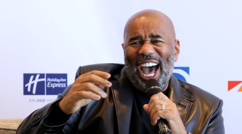 Steve Harvey, shown at the launch of SteveHarveyDeals.com at Atlanta's  Crowne Plaza Hotel, has had it with the Pats QB. Photo by Cindy Ord/Getty Images for SteveHarveyDeals.com