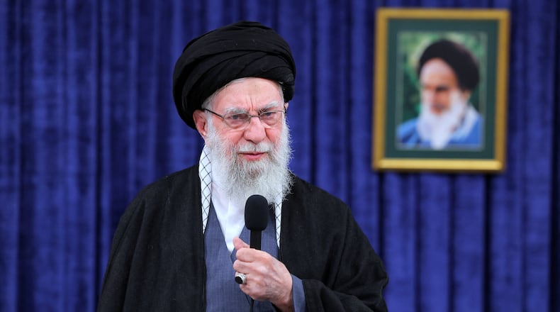 In this photo released on Monday, Feb. 9, 2026, by the official website of the office of the Iranian supreme leader, Supreme Leader Ayatollah Ali Khamenei addresses the nation in a televised speech. (Office of the Iranian Supreme Leader via AP)