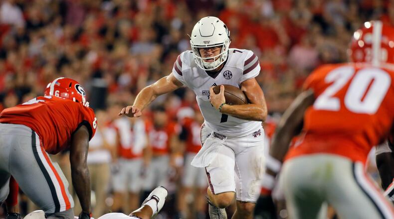 9/23/17 - Athens, GA -  Mississippi State Bulldogs quarterback Nick Fitzgerald (7)First half action during a NCAA college football game in Athens, GA.  UGA Bulldogs vs Mississippi State Bulldogs football.     BOB ANDRES  /BANDRES@AJC.COM