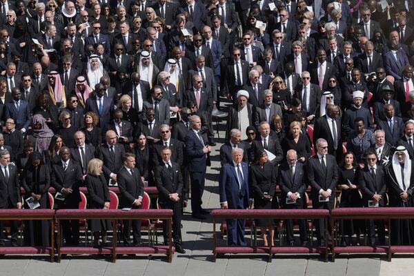 President Donald Trump, center-right, attends the funeral of Pope Francis in St. Peter's Square at the Vatican, Saturday, April 26, 2025. (AP Photo/Markus Schreiber)