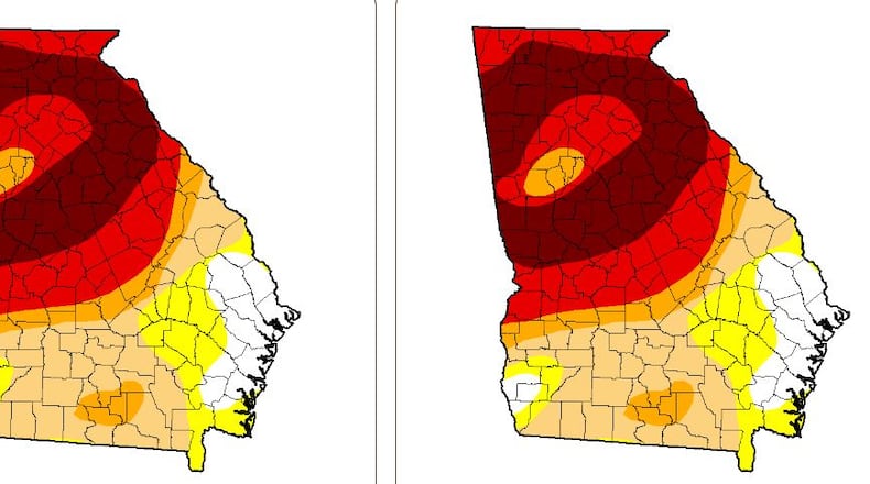 There had been few changes in drought conditions throughout Georgia from Dec. 20 (map to the left) to Tuesday. (Credit: U.S. Drought Monitor)