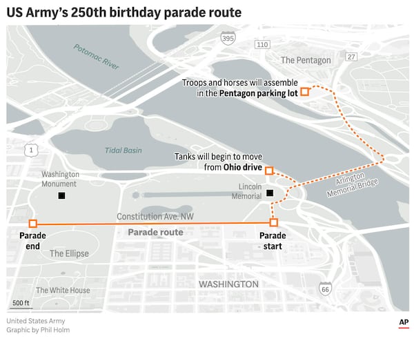 The map above the route for the U.S. Army's 250 birthday parade. (AP Graphic)