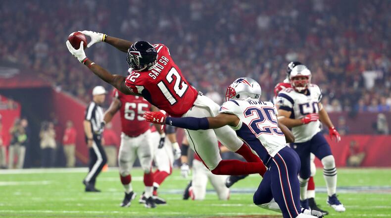 Falcons wide receiver Mohamed Sanu, seen here making a catch in the Super Bowl with Eric Rowe of the Patriots defending, does not mind playing preseason games without a game plan.