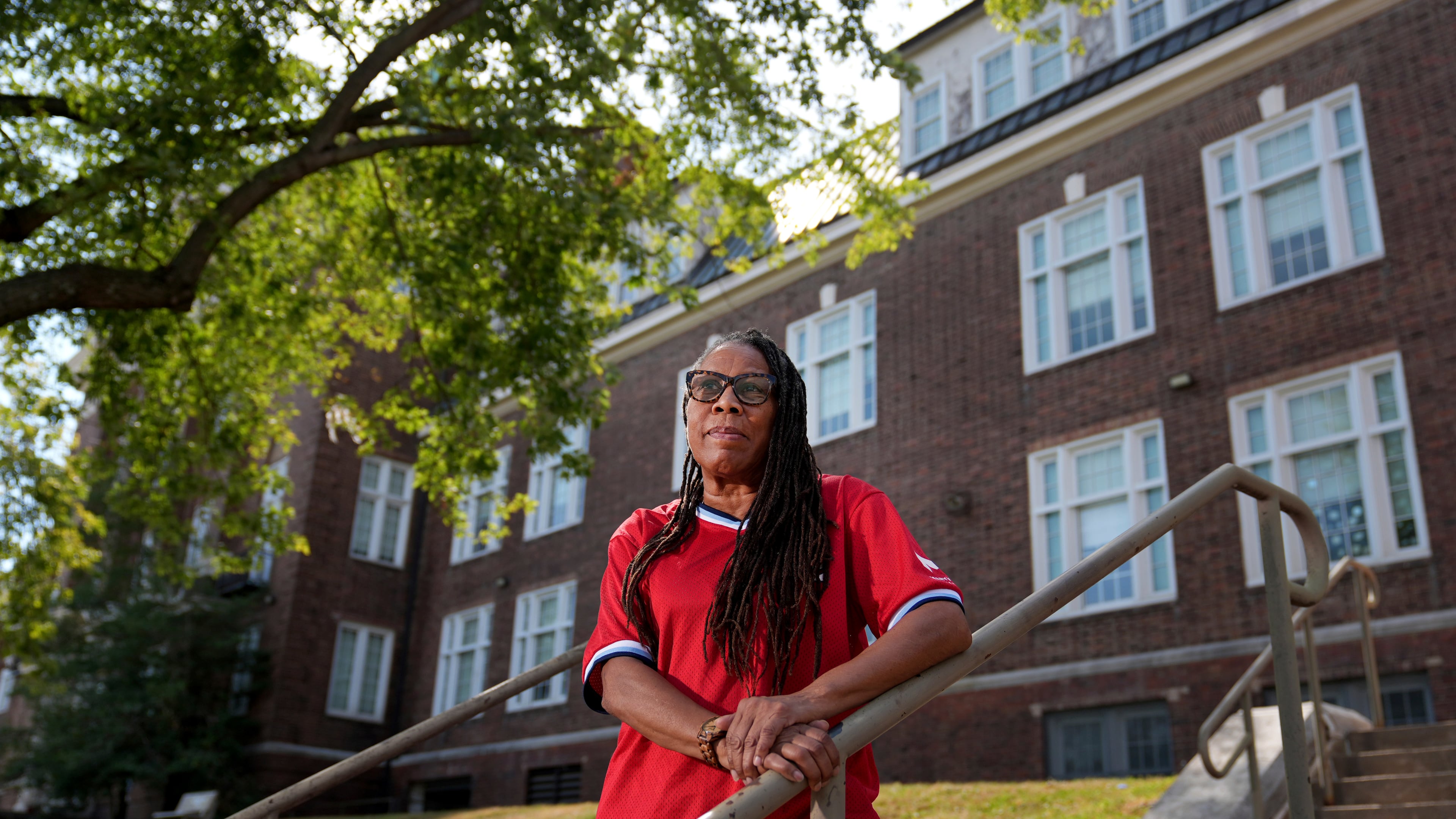 Thomasina Clarke poses for a photo outside Sumner High School Sept. 18, 2025, in St. Louis. (AP Photo/Jeff Roberson)