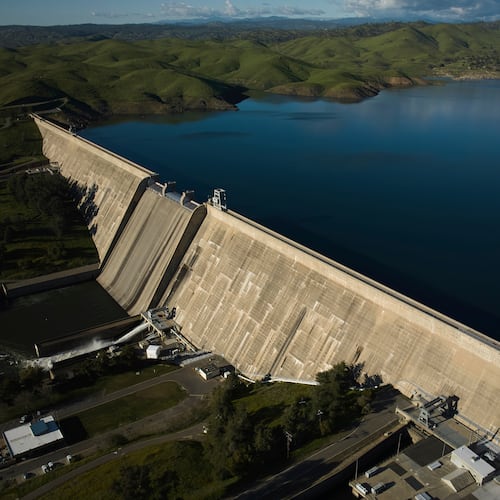 FILE - An aerial view shows Friant Dam which holds back Millerton Lake in Friant, Calif., Friday, March 7, 2025. (AP Photo/Jae C. Hong, File)