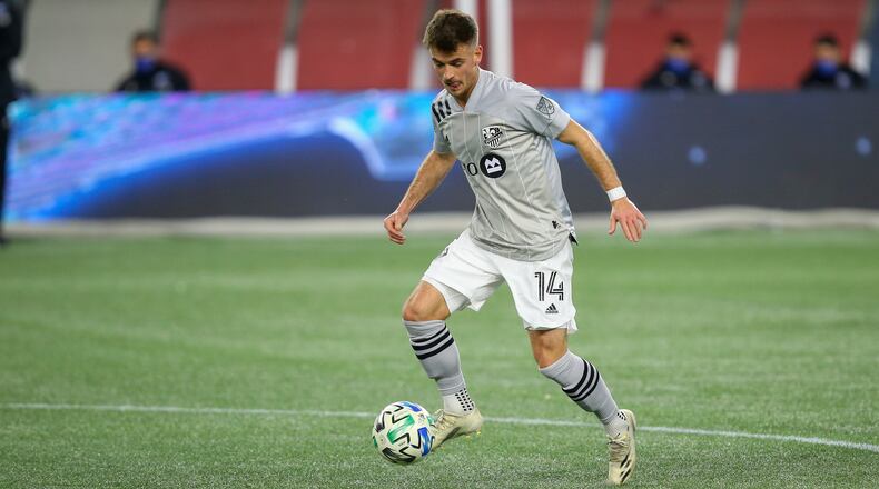 Montreal Impact midfielder Amar Sejdic (14) during the first half against the New England Revolution, Friday, Nov. 20, 2020, in Foxborough, Mass. (Stew Milne/AP)