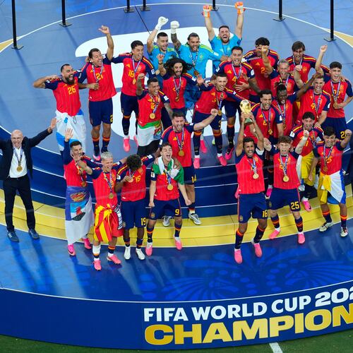 Spain players celebrate after the World Cup final soccer match between Spain and Argentina in East Rutherford, N.J., near New York, Sunday, July 19, 2026. (AP Photo/Yuki Iwamura)