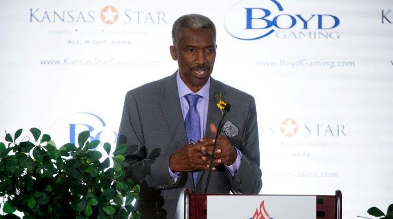 Clarence Scott, former athletic phenom at Decatur’s all-black Trinity High, shown here during his induction into the state of Kansas’ Hall of Fame last weekend. Courtesy of Greg White