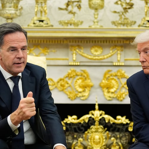 President Donald Trump meets with NATO Secretary General Mark Rutte in the Oval Office of the White House, Wednesday, Oct. 22, 2025, in Washington. (AP Photo/Alex Brandon)