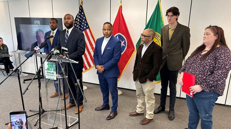 Shelby County Mayor Lee Harris speaks at a news conference on Tuesday, Nov. 18, 2025, in Memphis, Tenn. (AP Photo/Adrian Sainz)