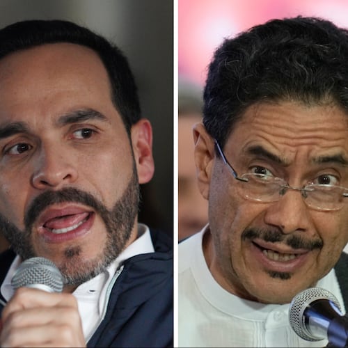 In this combination of photos shows presidential candidates Abelardo de la Espriella, left, on May 6, 2026, and Ivan Cepeda on May 31, 2026, in Bogota, Colombia. (AP Photo)