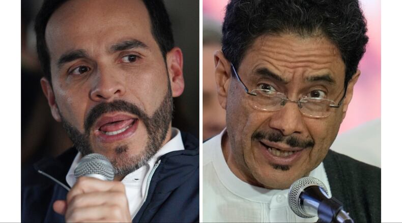 In this combination of photos shows presidential candidates Abelardo de la Espriella, left, on May 6, 2026, and Ivan Cepeda on May 31, 2026, in Bogota, Colombia. (AP Photo)