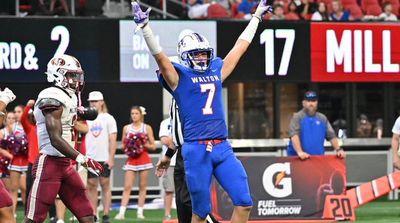 August 20 , 2022 Atlanta - Walton's Ashton Woods (7) reacts during the 2022 Corky Kell Classic at Mercedes Benz Stadium on Saturday, August 20, 2022. (Hyosub Shin / Hyosub.Shin@ajc.com)
