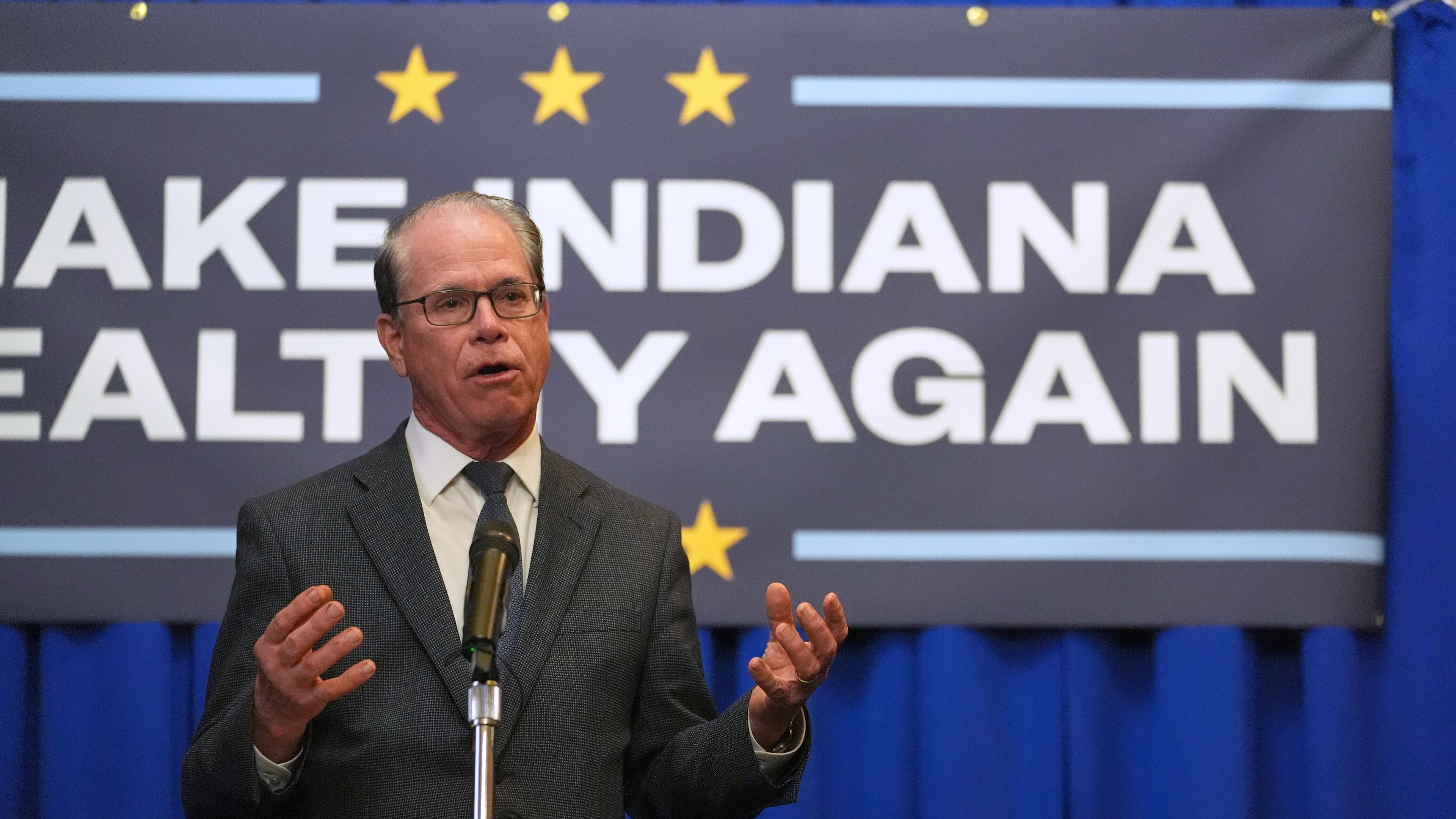FILE - Indiana Gov. Mike Braun speaks during a Make Indiana Healthy Again initiative event in Indianapolis, April 15, 2025. (AP Photo/Michael Conroy, file)
