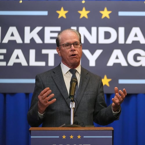 FILE - Indiana Gov. Mike Braun speaks during a Make Indiana Healthy Again initiative event in Indianapolis, April 15, 2025. (AP Photo/Michael Conroy, file)
