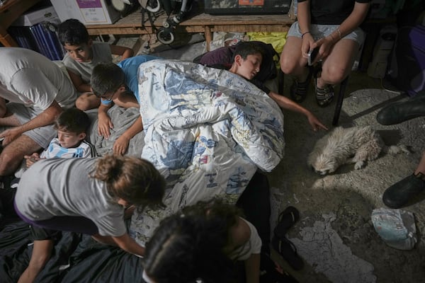 Israeli children take shelter during air raid sirens warning of incoming strikes by Iran, in Bnei Brak, near Tel Aviv, Israel, Tuesday, June 17, 2025. (AP Photo/Oded Balilty)