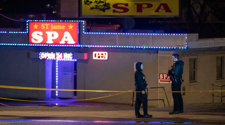 Atlanta police officers and detectives respond to a crime scene at Aromatherapy Spa and Gold Spa in Atlanta on March 16, 2021. (Alyssa Pointer/The Atlanta Journal-Constitution/TNS)