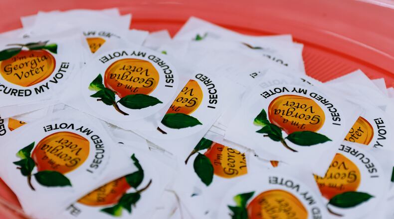Georgia voter stickers at Roswell Library on Friday, May 20, 2022. (Natrice Miller / natrice.miller@ajc.com)