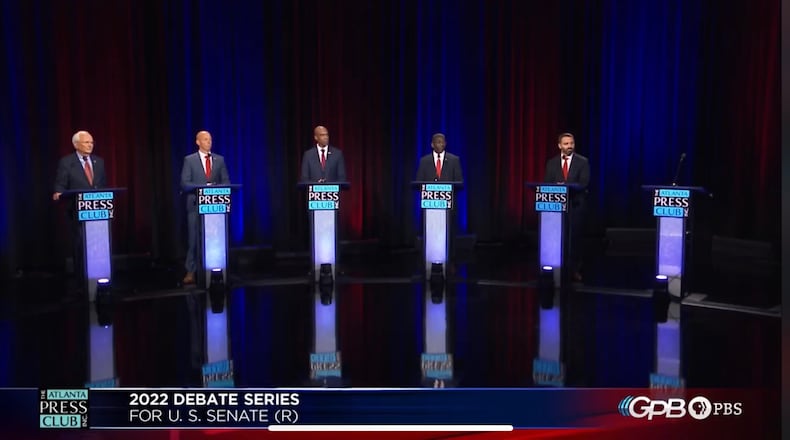 Five of the six GOP U.S. Senate candidates take part Tuesday in the Atlanta Press Club debate. Front-runner Herschel Walker held a fundraiser in east Georgia instead of attending.