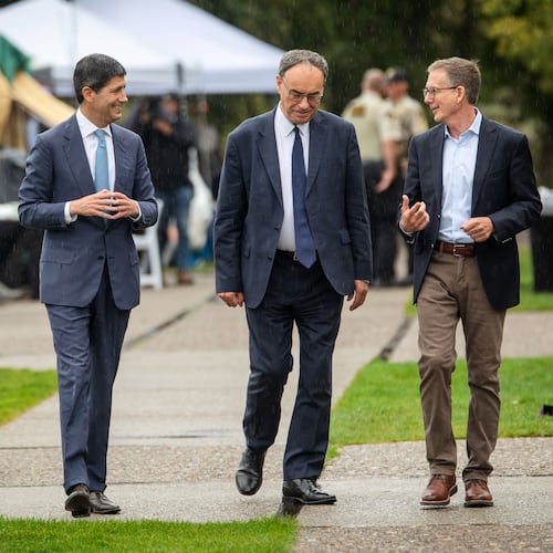 Fed Chair Kevin Warsh, left, Bank of England Governor Andrew Bailey, middle, and Bank of Canada Governor Tiff Macklem arrive at the annual Jackson Hole Economic Policy Symposium on Friday, Aug. 28, 2026, in Moran, Wyo. (AP Photo/Amber Baesler)