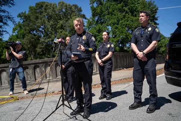 Atlanta Police Chief Darin Schierbaum asks for the public's assistance in locating a homicide suspect after a fatal stabbing on the Beltline near Montgomery Ferry Drive. Thursday, May 14, 2026. (Ben Hendren for the AJC)
