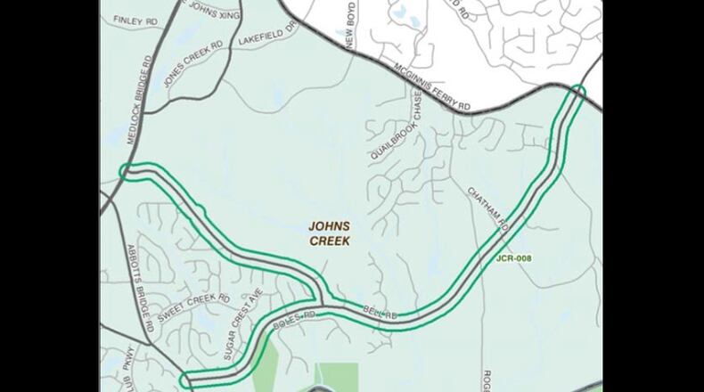 Map depicts the study area for the Bell/Boles TSPLOST project in Johns Creek. The City Council has approved a $190,000 task order to begin planning a roundabout at Bell Road and the entrance to Cauley Creek Park. CITY OF JOHNS CREEK