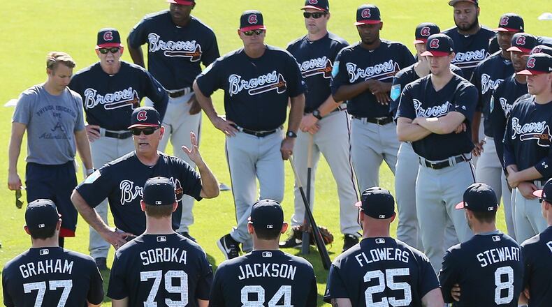 Braves manager Brian Snitker talks with his pitchers and catchers  Thursday, Feb 15, 2018, at the ESPN Wide World of Sports Complex in Lake Buena Vista, Fla.