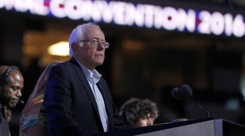 Bernie Sanders appears at the Democratic National Convention on Monday in Philadelphia. (AP Photo)