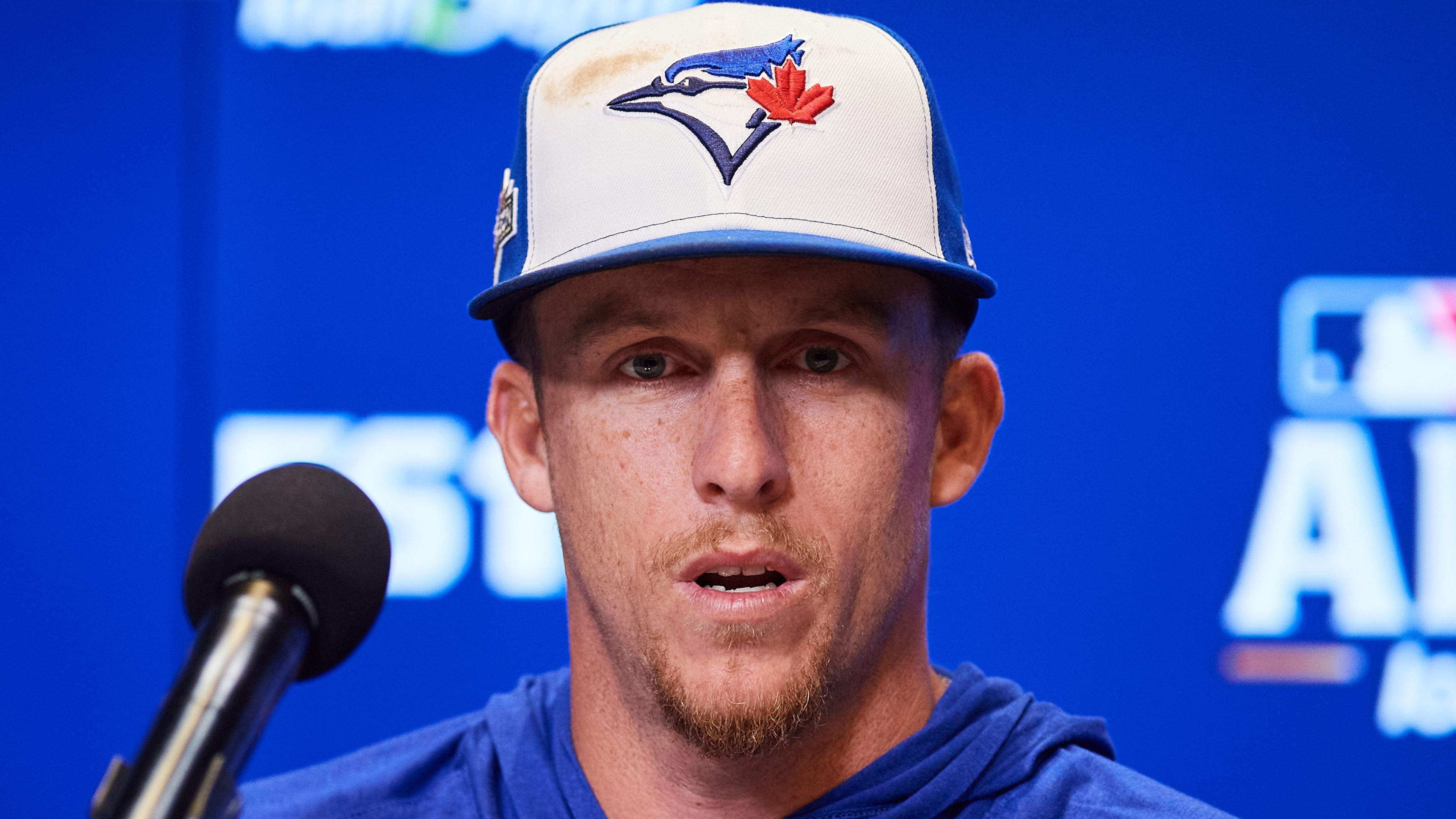 Toronto Blue Jays' Myles Straw speaks with the media ahead of Game 1 of baseball's American League Championship Series against the Seattle Mariners in Toronto, Saturday, Oct. 11, 2025. (Sammy Kogan/The Canadian Press via AP)