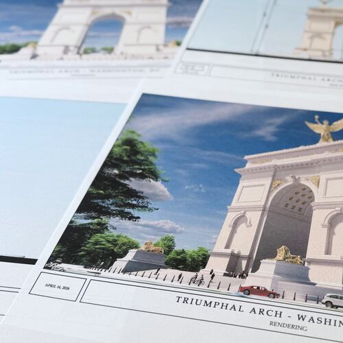 Artist renderings and diagrams for President Donald Trump's new triumphal arch released by the U.S. Commission on Fine Arts that is planned to be built in Washington between the Lincoln Memorial and Arlington National Cemetery, are photographed Friday, April 10, 2026. (AP Photo/Jon Elswick)