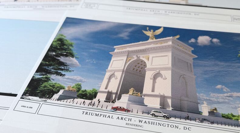 Artist renderings and diagrams for President Donald Trump's new triumphal arch released by the U.S. Commission on Fine Arts that is planned to be built in Washington between the Lincoln Memorial and Arlington National Cemetery, are photographed Friday, April 10, 2026. (AP Photo/Jon Elswick)