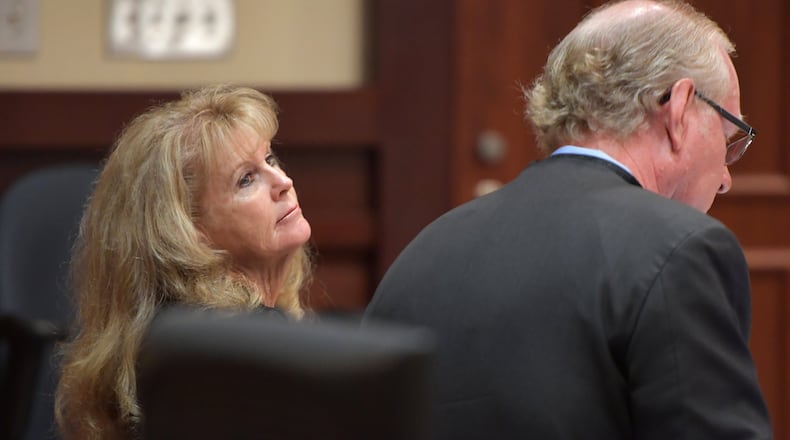 Hoschton Mayor Theresa Kenerly sits with her attorney Tony Powell during a hearing before Judge David Sweat at Jackson County Magistrate Court on Wednesday, October 2, 2019. She and Councilman Jim Cleveland will face voters in a recall election Jan. 14. HYOSUB SHIN / HYOSUB.SHIN@AJC.COM