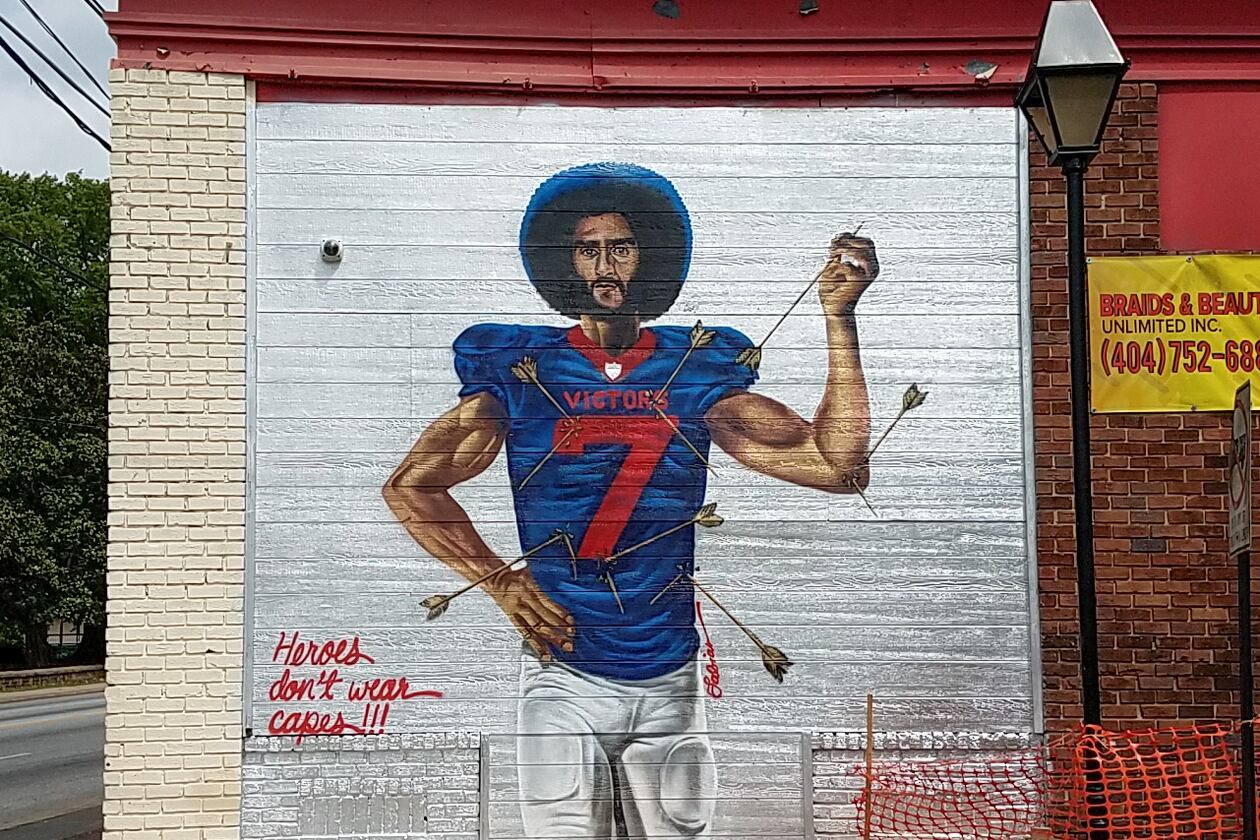 At the Peeples Street intersection with Abernathy, Fabian Williams depicts Colin Kaepernick as the martyred Saint Sebastian.