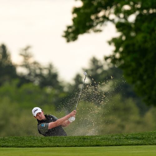 Maverick McNealy hits from the third fairway during the second round of the PGA Championship golf tournament at Aronimink Golf Club, Friday, May 15, 2026, in Newtown Square, PA. (AP Photo/Matt Slocum)