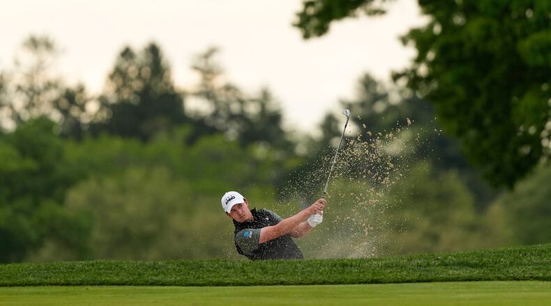 Maverick McNealy hits from the third fairway during the second round of the PGA Championship golf tournament at Aronimink Golf Club, Friday, May 15, 2026, in Newtown Square, PA. (AP Photo/Matt Slocum)