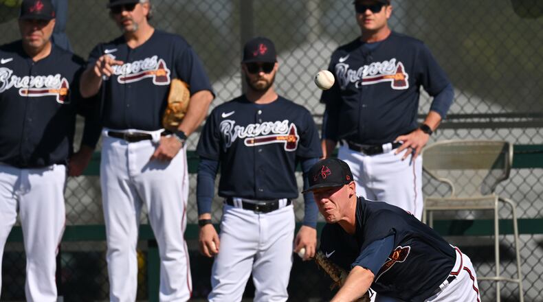 Atlanta Braves pitcher Kolby Allard throws during spring training at CoolToday Park, Saturday, Feb. 18, 2023, in North Port, Fla.. (Hyosub Shin / Hyosub.Shin@ajc.com)