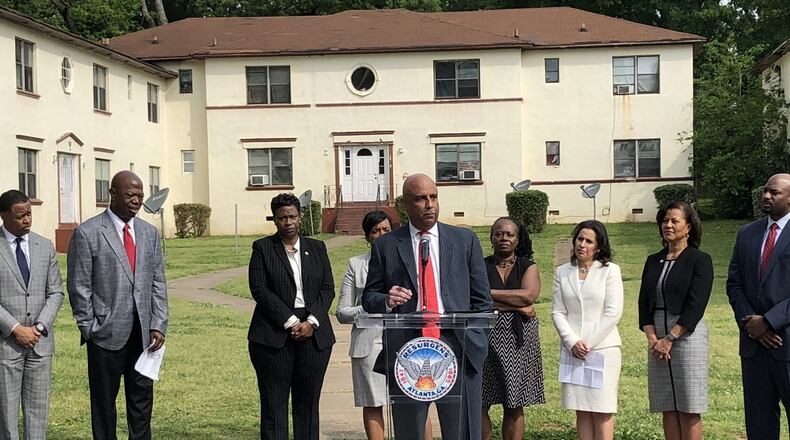 Dr. Christopher Edwards, chairman of Atlanta Housing Authority, speaks during a press conference Thursday, April 25, 2019, to announce a commitment of authority funds to benefit Mayor Keisha Lance Bottoms’ pledge to boost affordable housing by $1 billion. J. SCOTT TRUBEY/STRUBEY@AJC.COM