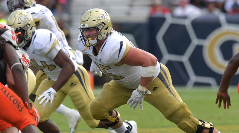 September 29, 2018 Atlanta - Georgia Tech offensive lineman Parker Braun (75) in the second half at Bobby Dodd Stadium on Saturday, September 29, 2018. HYOSUB SHIN / HSHIN@AJC.COM (For Ken Sugiura's story)