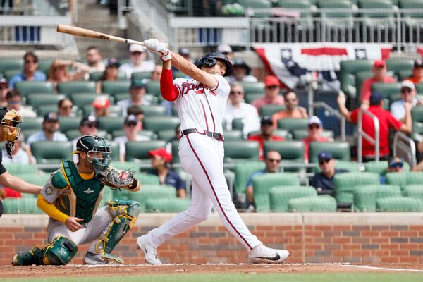 Braves first baseman Matt Olson swings against the Athletics on Wednesday, April 1, 2026, at Truist Park in Atlanta. Olson’s offense is underrated, as is his ironman streak of consecutive games played. (Miguel Martinez/AJC)