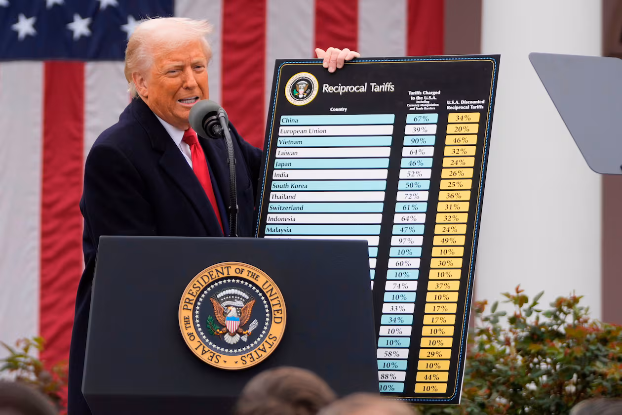 President Donald Trump speaks during an event to announce tariffs in the Rose Garden at the White House last year. (Mark Schiefelbein/AP)