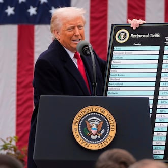 President Donald Trump speaks during an event to announce tariffs in the Rose Garden at the White House last year. (Mark Schiefelbein/AP)